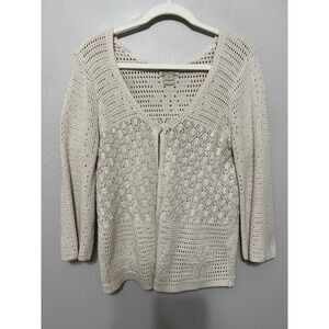 Lucky Brand Sweater Open Knit XL Cream Crochet Cardigan Button Cottagecore